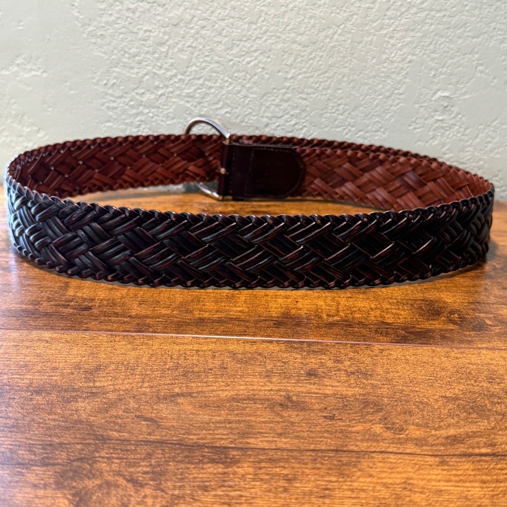 Women Braided Woven Leather Wide Belt XL Dark Brown Silver Buckle Boho 90s Vibes - Picture 7 of 10